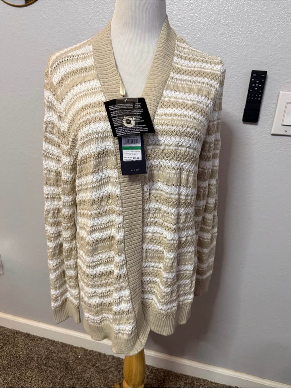Jones New York Beige & White Striped Open Cardigan